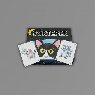 Billede af "Sorteper". Kortspil med billeder af forskellige dyr og en æske med en sort kat.