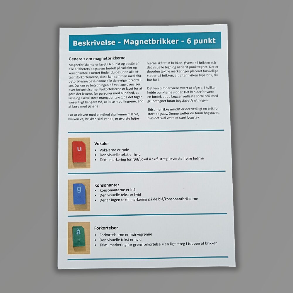 Ark med beskrivelse af magnetbrikkerne.