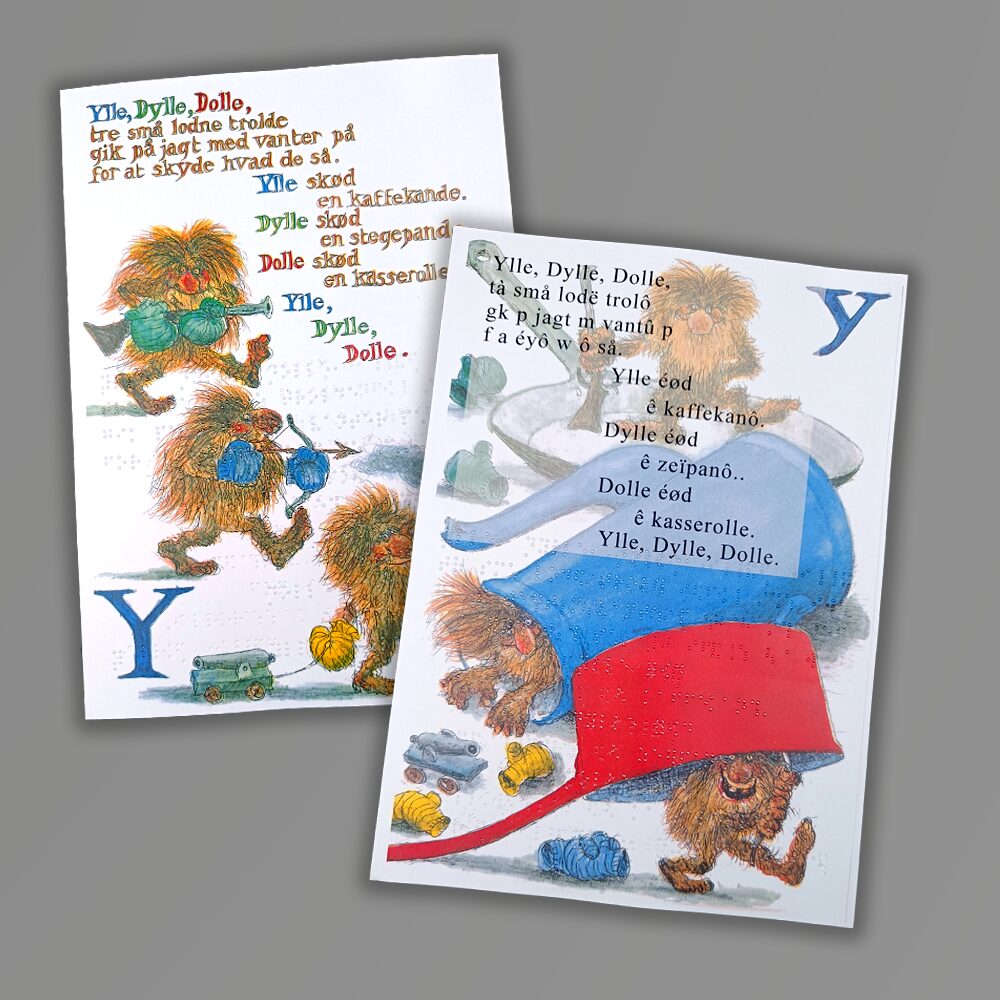 Ylle Dylle Dolle digt med forkortet punkt og fuldskrift, visuelt og på punkt